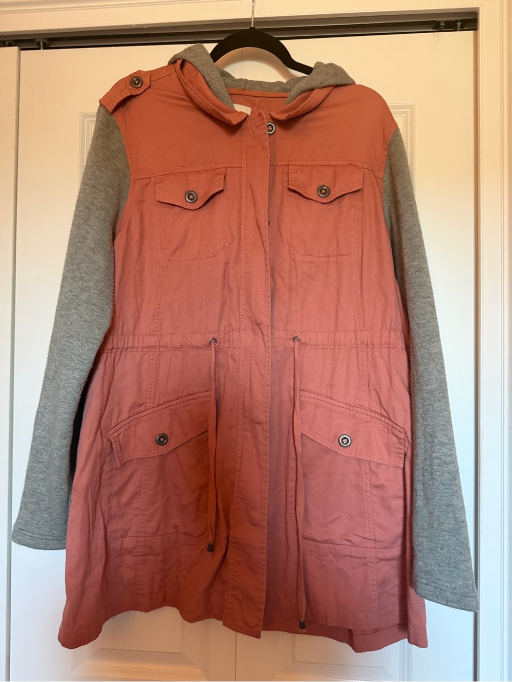 torrid Coral Anorak Jacket with Gray Knit Sleeves